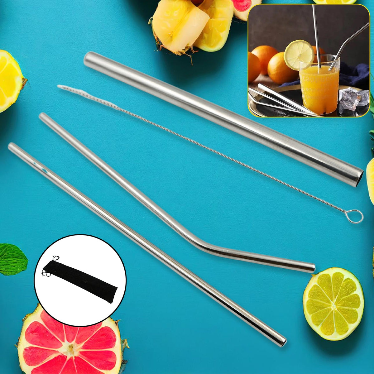 Reusable Stainless Steel Straws with Case for Drinking (4 Pc, Eco-Friendly)