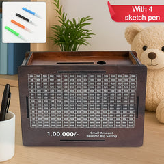Wooden Money  Piggy Bank Money Box (1 Pc  4 Sketch Pen)